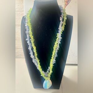 Elegant Green and Blue beads iridescent glass pendant Necklace